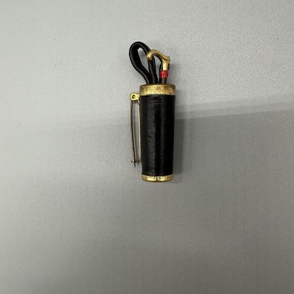 Unbranded Jewelry - Vintage Cane Holder Brooch Pin Jacket Hat Brooch Gold Tone Black Leather 2”